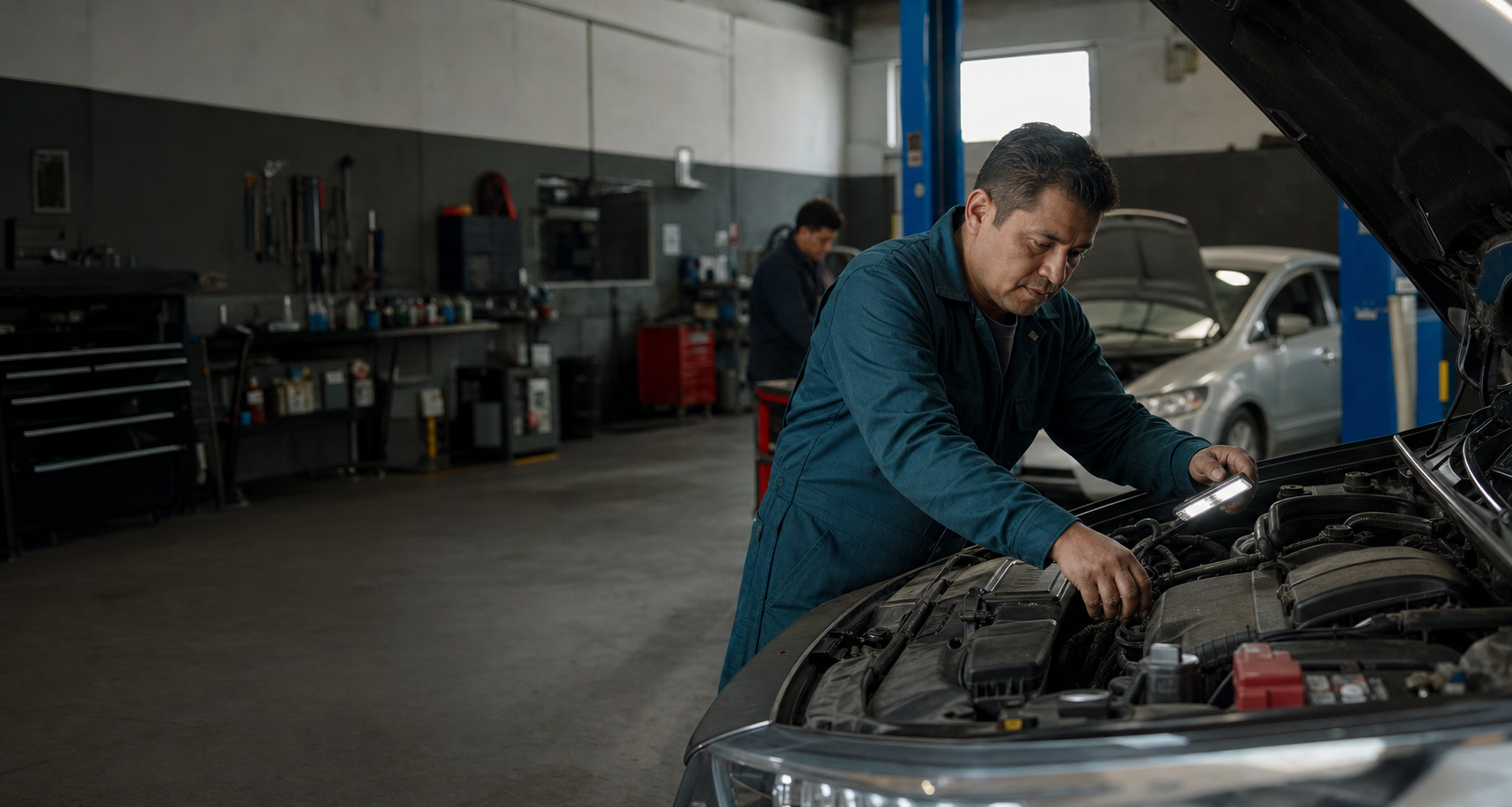 Mecánico revisando el motor de un vehículo en un taller organizado